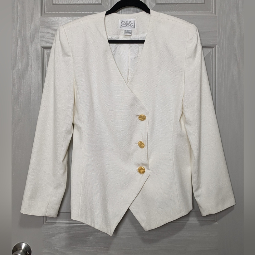 80s Casual Corner Asymmetrical White Blazer with Gold Buttons Size 14
